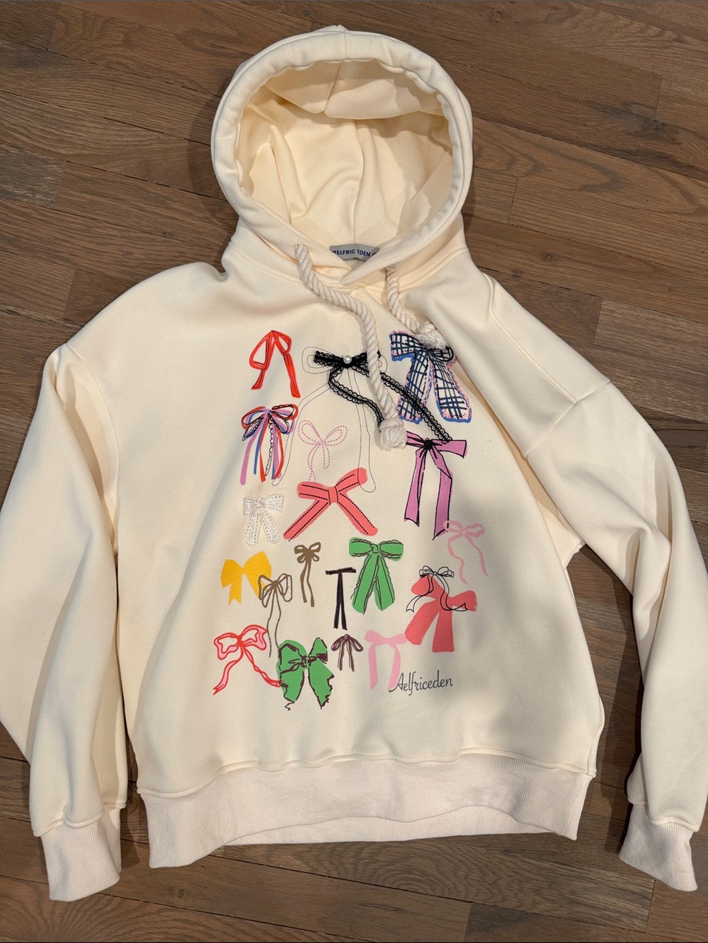Aldrich Eden Cream Hoodie with Colorful Bow Graphic- like new! XS